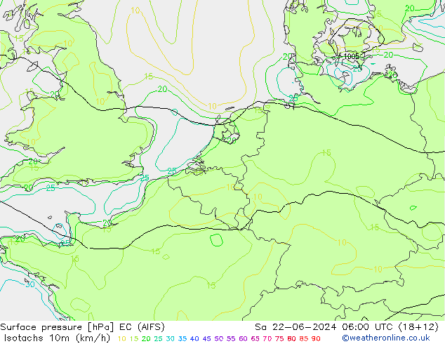 Isotachen (km/h) EC (AIFS) za 22.06.2024 06 UTC