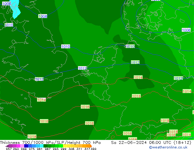 Espesor 700-1000 hPa EC (AIFS) sáb 22.06.2024 06 UTC