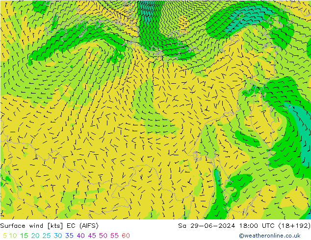 Wind 10 m EC (AIFS) za 29.06.2024 18 UTC