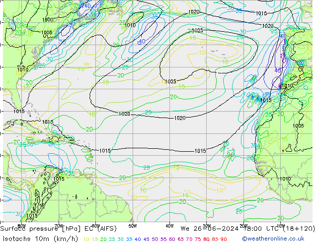 Isotachen (km/h) EC (AIFS) wo 26.06.2024 18 UTC