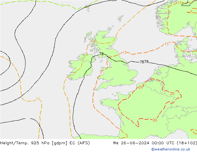 Yükseklik/Sıc. 925 hPa EC (AIFS) Çar 26.06.2024 00 UTC
