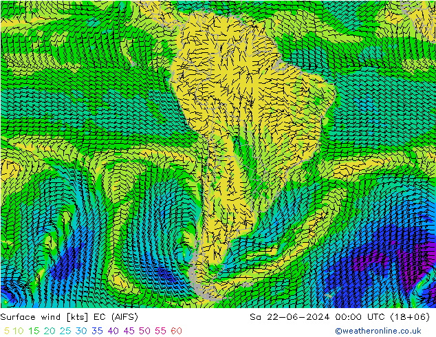wiatr 10 m EC (AIFS) so. 22.06.2024 00 UTC