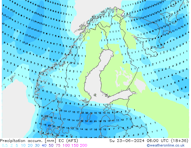 Précipitation accum. EC (AIFS) dim 23.06.2024 06 UTC