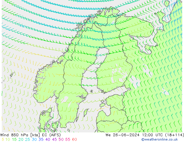 Wind 850 hPa EC (AIFS) We 26.06.2024 12 UTC