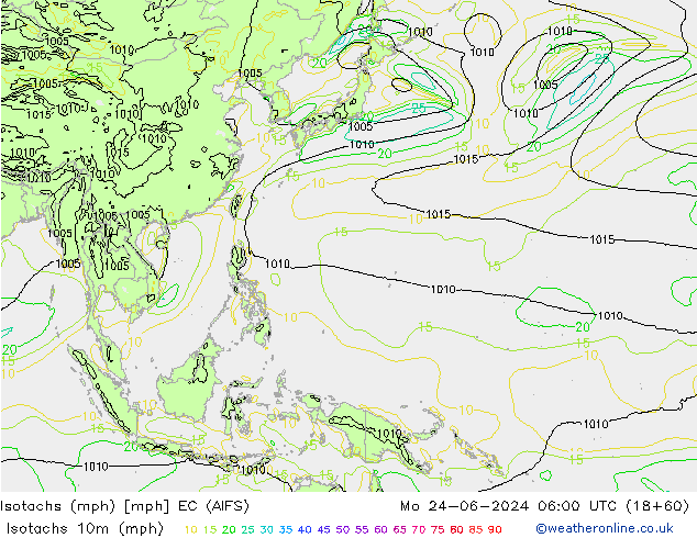 Isotachs (mph) EC (AIFS) пн 24.06.2024 06 UTC