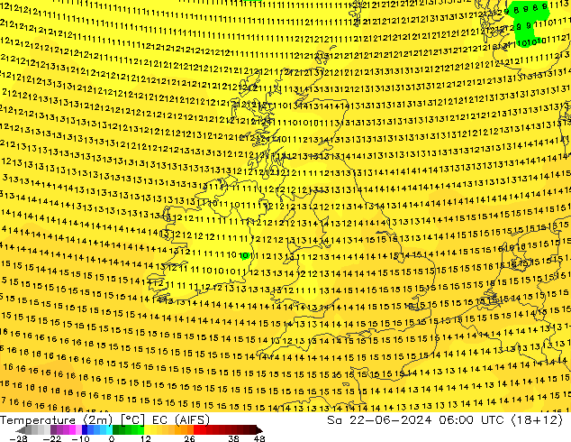 Temperaturkarte (2m) EC (AIFS) Sa 22.06.2024 06 UTC