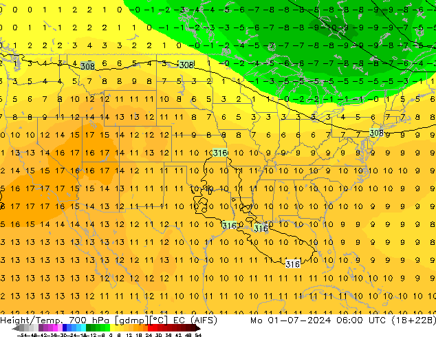 Yükseklik/Sıc. 700 hPa EC (AIFS) Pzt 01.07.2024 06 UTC