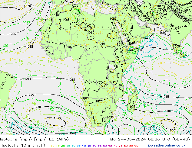 Isotachen (mph) EC (AIFS) ma 24.06.2024 00 UTC