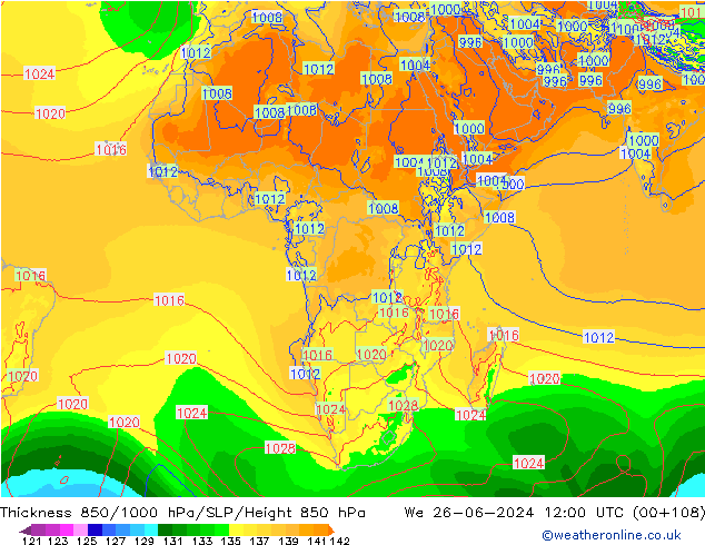 Thck 850-1000 hPa EC (AIFS) We 26.06.2024 12 UTC