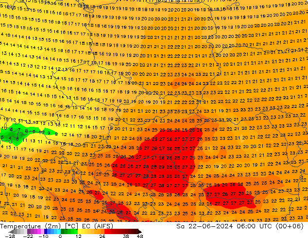 Temperature (2m) EC (AIFS) Sa 22.06.2024 06 UTC