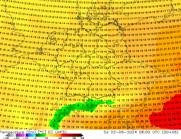 Temperature (2m) EC (AIFS) Sa 22.06.2024 06 UTC