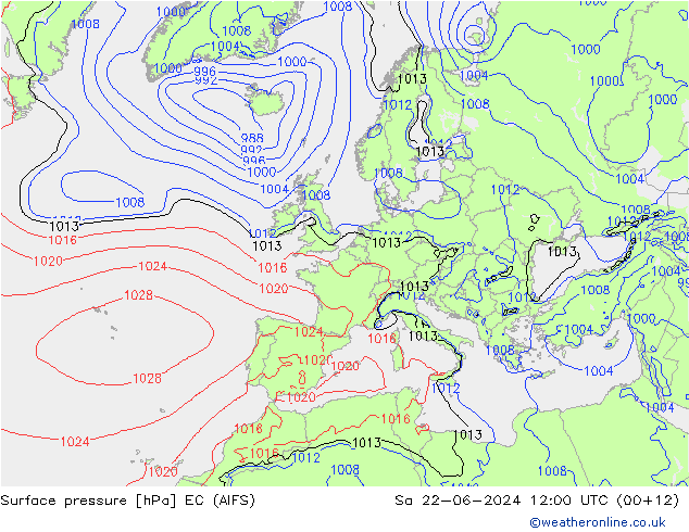 Surface pressure EC (AIFS) Sa 22.06.2024 12 UTC