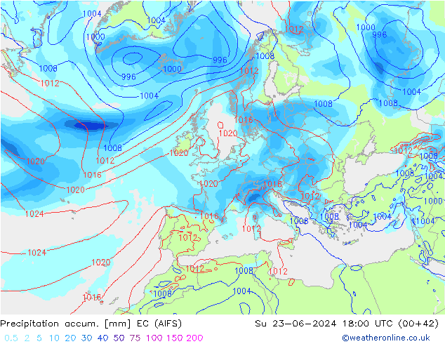Totale neerslag EC (AIFS) zo 23.06.2024 18 UTC