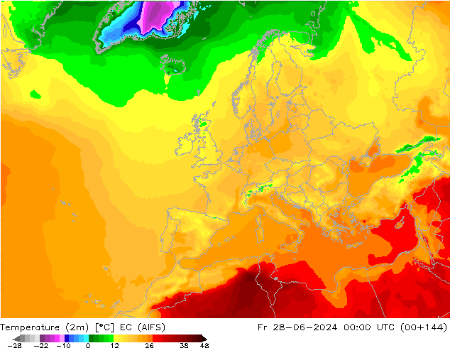 Temperatuurkaart (2m) EC (AIFS) vr 28.06.2024 00 UTC