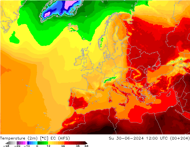 température (2m) EC (AIFS) dim 30.06.2024 12 UTC