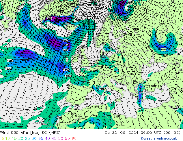 wiatr 950 hPa EC (AIFS) so. 22.06.2024 06 UTC