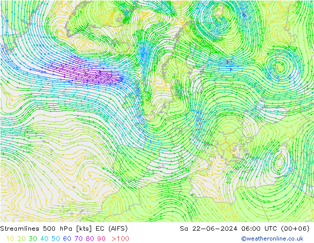 风 500 hPa EC (AIFS) 星期六 22.06.2024 06 UTC