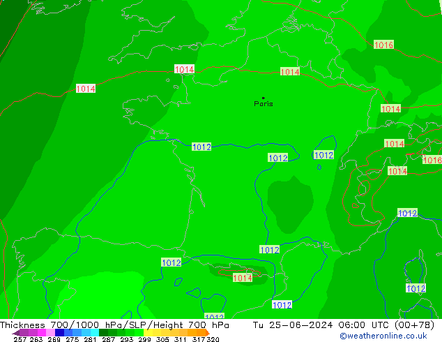 Thck 700-1000 hPa EC (AIFS)  25.06.2024 06 UTC