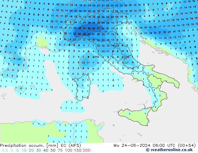 Precipitation accum. EC (AIFS) Seg 24.06.2024 06 UTC