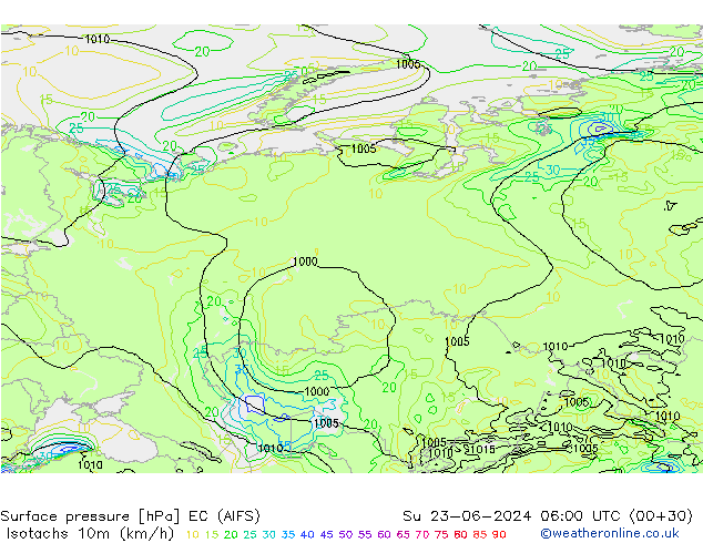 Eşrüzgar Hızları (km/sa) EC (AIFS) Paz 23.06.2024 06 UTC