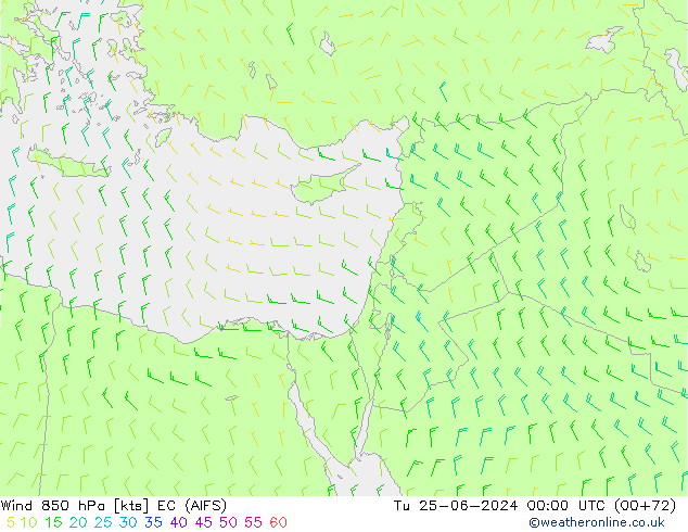 Wind 850 hPa EC (AIFS) Tu 25.06.2024 00 UTC