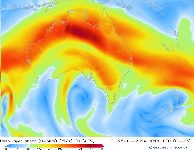 Deep layer shear (0-6km) EC (AIFS)  25.06.2024 00 UTC