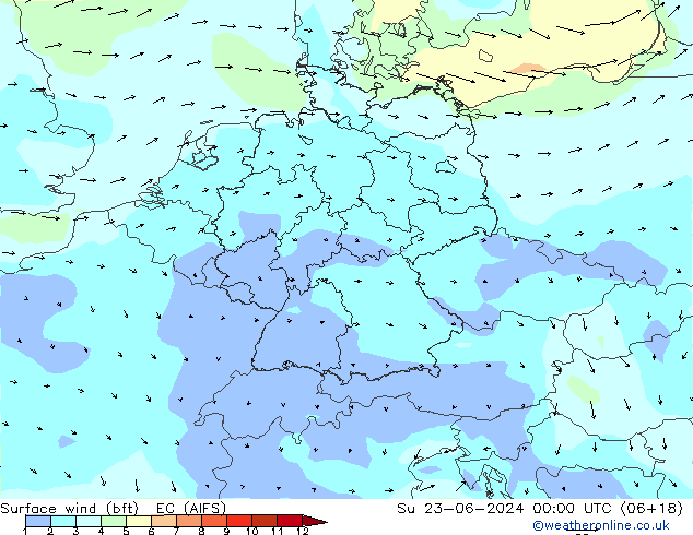 Viento 10 m (bft) EC (AIFS) dom 23.06.2024 00 UTC