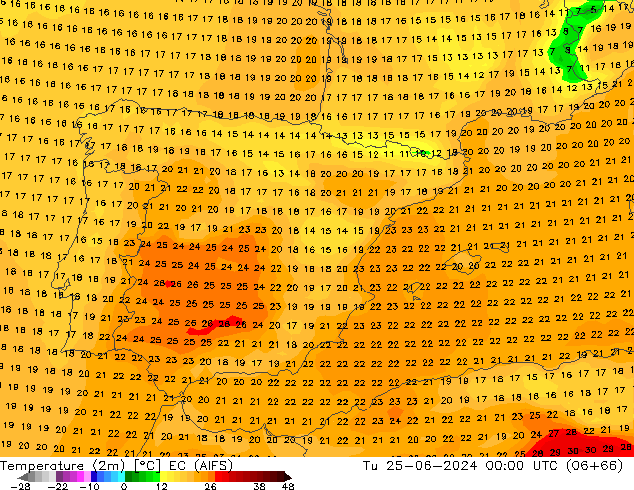 Temperature (2m) EC (AIFS) Tu 25.06.2024 00 UTC