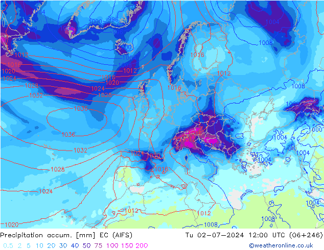 Precipitation accum. EC (AIFS)  02.07.2024 12 UTC