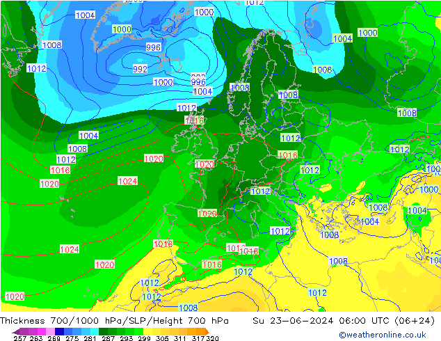 Thck 700-1000 гПа EC (AIFS) Вс 23.06.2024 06 UTC