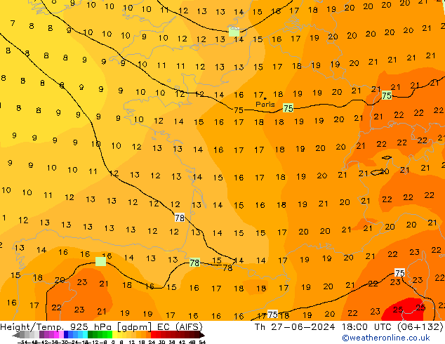 Height/Temp. 925 hPa EC (AIFS) Th 27.06.2024 18 UTC