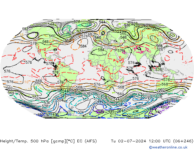 Height/Temp. 500 hPa EC (AIFS) Út 02.07.2024 12 UTC