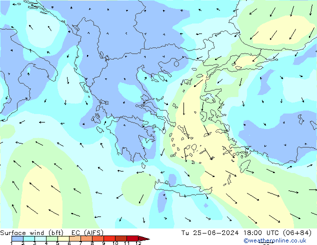 Vent 10 m (bft) EC (AIFS) mar 25.06.2024 18 UTC