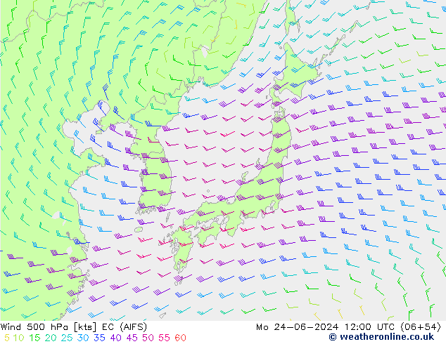 wiatr 500 hPa EC (AIFS) pon. 24.06.2024 12 UTC