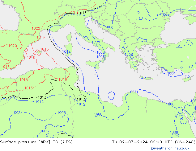 Atmosférický tlak EC (AIFS) Út 02.07.2024 06 UTC