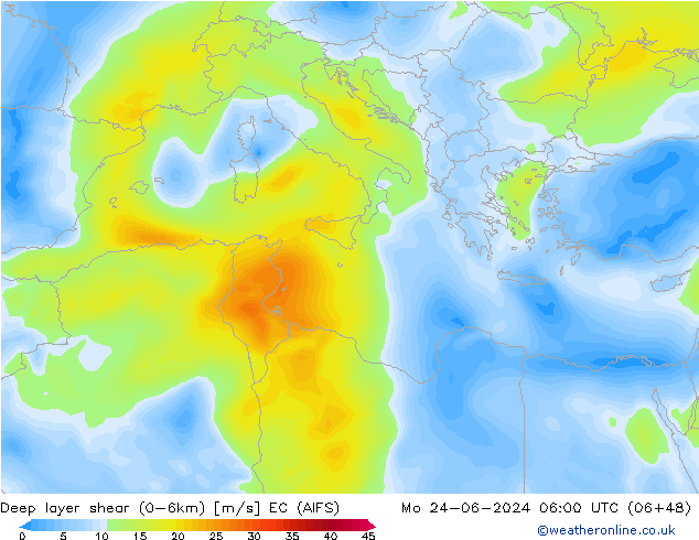 Deep layer shear (0-6km) EC (AIFS) Mo 24.06.2024 06 UTC