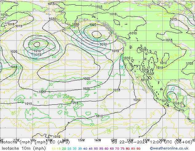 Izotacha (mph) EC (AIFS) so. 22.06.2024 12 UTC