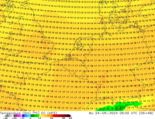 Temperature (2m) EC (AIFS) Mo 24.06.2024 06 UTC