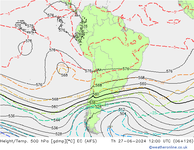 Height/Temp. 500 hPa EC (AIFS) Čt 27.06.2024 12 UTC