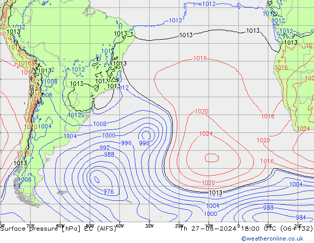 Presión superficial EC (AIFS) jue 27.06.2024 18 UTC