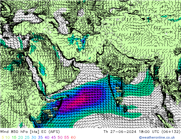 Wind 850 hPa EC (AIFS) Th 27.06.2024 18 UTC