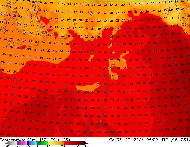 Sıcaklık Haritası (2m) EC (AIFS) Çar 03.07.2024 06 UTC