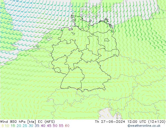 Vento 850 hPa EC (AIFS) gio 27.06.2024 12 UTC