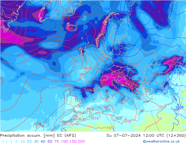 Precipitation accum. EC (AIFS) 星期日 07.07.2024 12 UTC