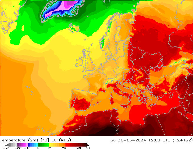 Temperatuurkaart (2m) EC (AIFS) zo 30.06.2024 12 UTC