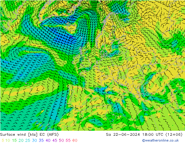 Viento 10 m EC (AIFS) sáb 22.06.2024 18 UTC