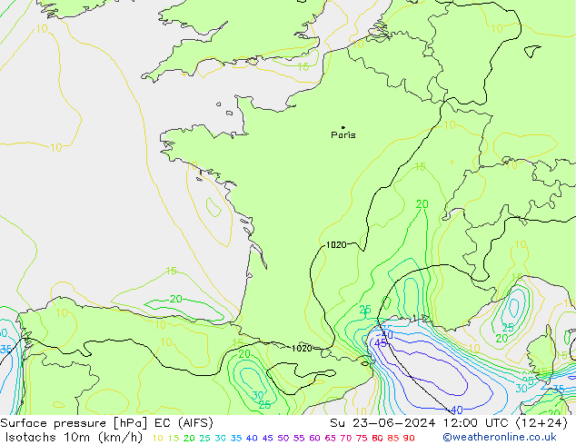 Isotachs (kph) EC (AIFS) Вс 23.06.2024 12 UTC