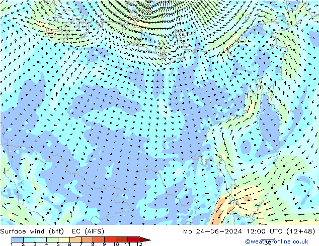 wiatr 10 m (bft) EC (AIFS) pon. 24.06.2024 12 UTC