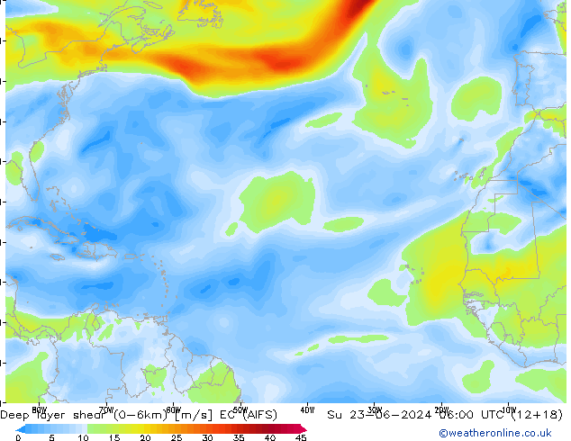Deep layer shear (0-6km) EC (AIFS) Su 23.06.2024 06 UTC