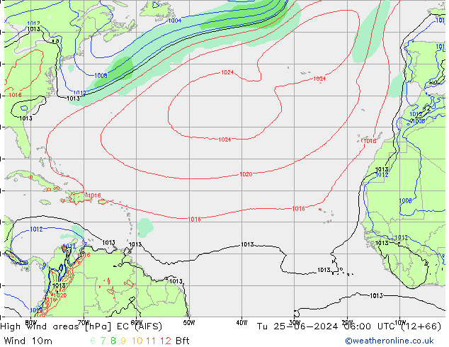 High wind areas EC (AIFS) вт 25.06.2024 06 UTC